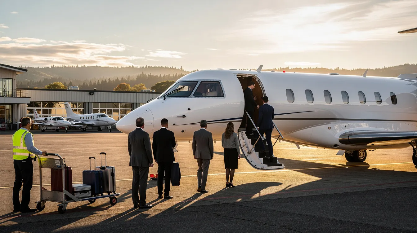 Passengers are boarding a Bombardier Challenger 600 private jet at a small regional airport, where the aircraft's spacious cabin and modern features provide a comfortable travel experience. The scene captures the excitement of flying in such an aircraft, a popular choice among corporate flight departments and charter operators.