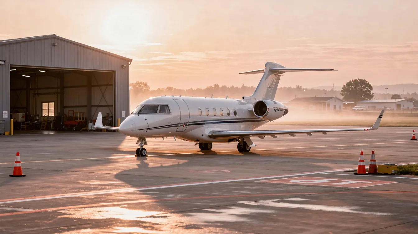 A large Bombardier Challenger 600 private jet is parked near a regional airport hangar at sunrise, showcasing its spacious cabin and sleek design. The aircraft's wide fuselage and supercritical wing design highlight its status as one of the first business jets, ready for corporate flight departments and charter operators.