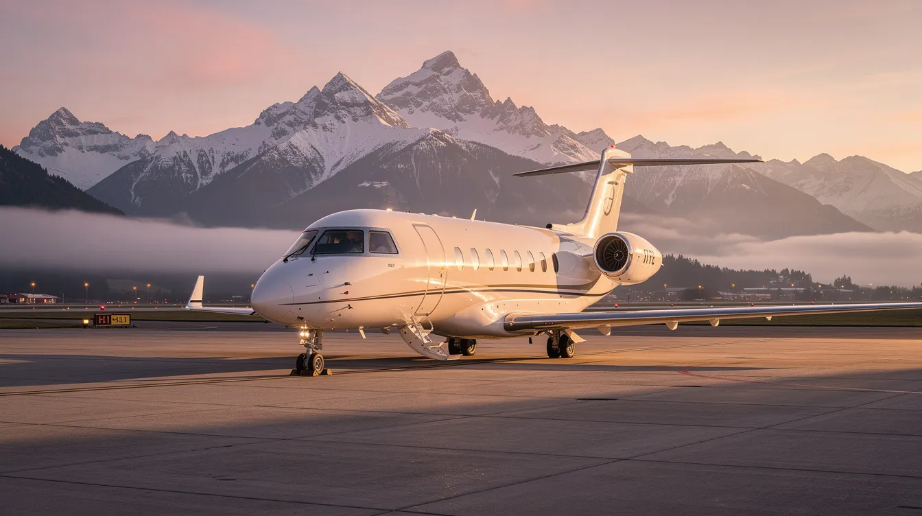 A private Cessna Citation Sovereign jet is parked at a mountain airport during sunrise, showcasing its sleek design and powerful engines. The aircraft is ready for flight, with its spacious cabin and double club seating offering comfort for passengers.