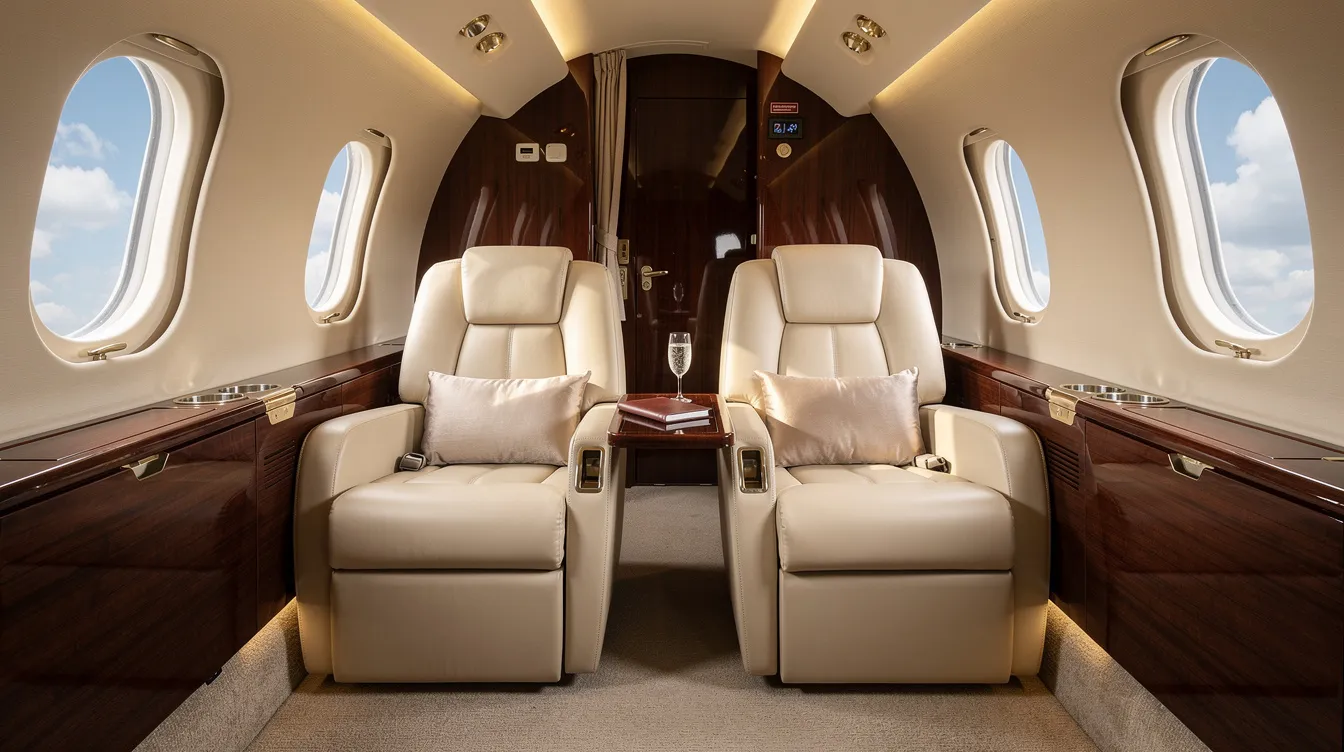 The image depicts a luxurious Cessna Citation Sovereign private jet cabin featuring double club seating with facing leather chairs and large windows that allow ample natural light. The spacious cabin maintains a comfortable atmosphere, ideal for both leisure and business travel.