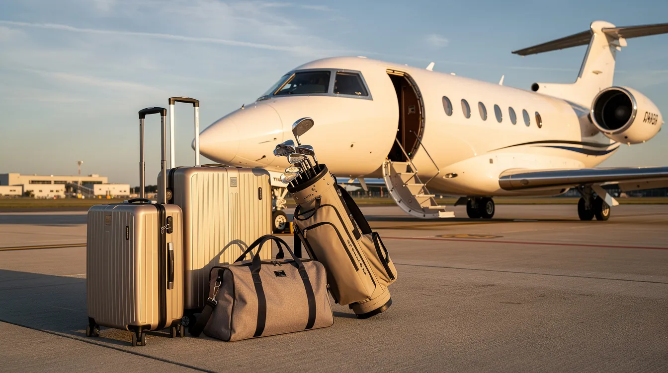 A family is seen with their luggage and golf bags arranged beside a Cessna Citation Sovereign on an airport ramp, ready for their journey. The private jet, known for its spacious cabin and powerful engines, stands out against the backdrop of the airport, highlighting the convenience of fractional ownership and charter flight options.