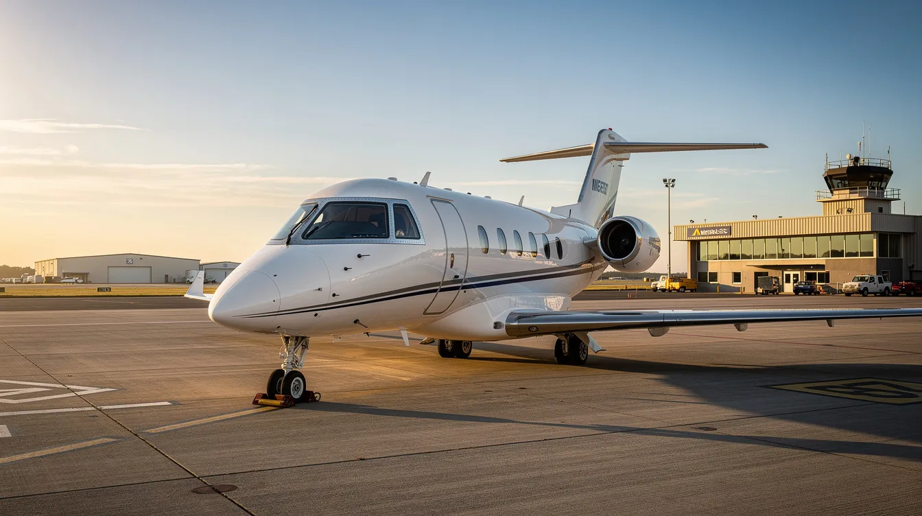 A light private jet, specifically a Cessna Citation CJ2, is parked on the ramp of a small regional airport, showcasing its sleek design and modern avionics suite. This aircraft is known for its comfortable cabin and efficient performance, capable of single pilot operations and offering better fuel efficiency compared to its predecessors.