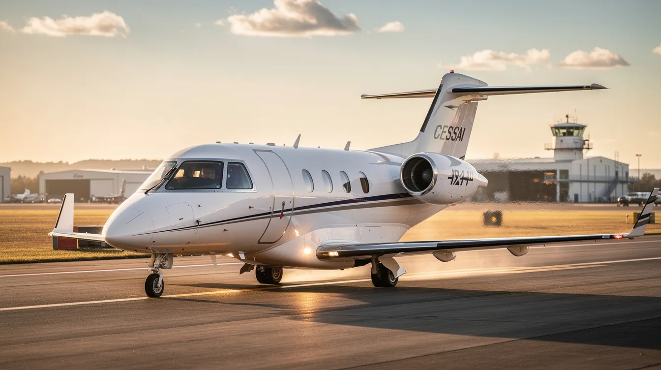 The image features a Cessna Citation CJ2, a light jet known for its modern avionics suite and efficient performance. It showcases the aircraft's sleek design, which accommodates passengers comfortably, and highlights its capabilities such as maximum cruise speed and better fuel efficiency compared to its predecessors.