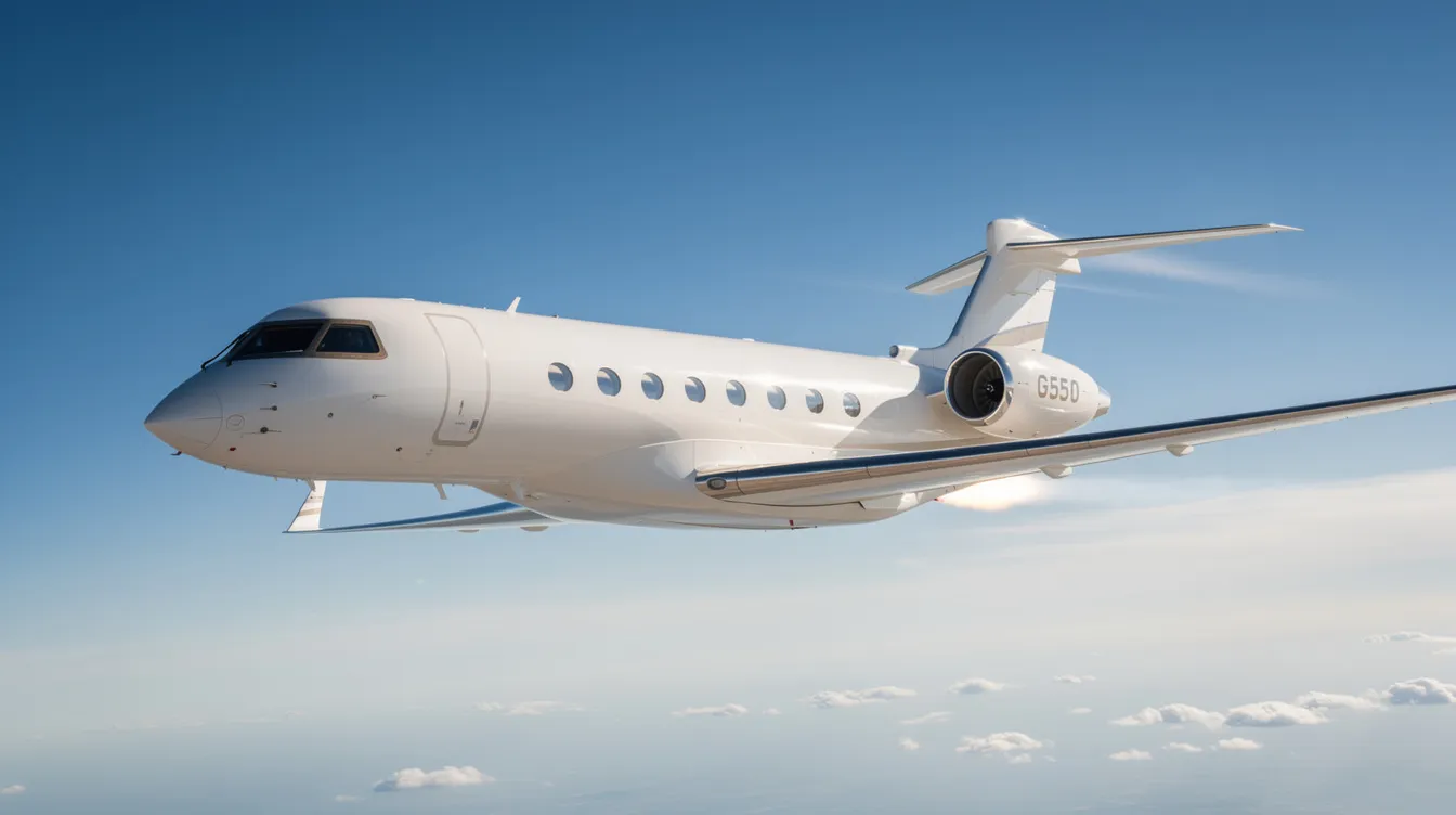 A Gulfstream G650 jet is soaring through a clear blue sky, showcasing its sleek design and powerful engines. This ultra long range jet is equipped with advanced features like a predictive landing performance system and enhanced vision system, making it ideal for global destinations.