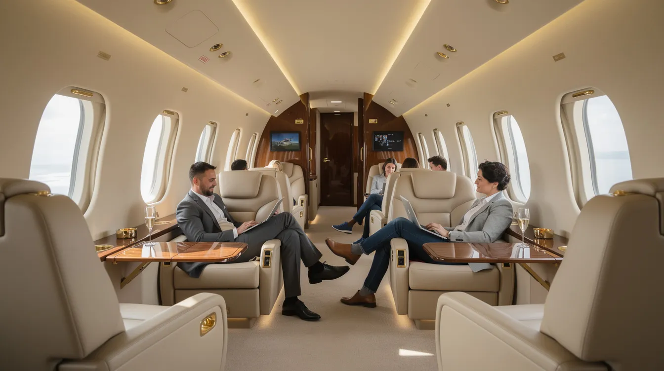 The image depicts a luxurious private jet cabin, specifically designed for comfort with spacious seating for passengers. The interior reflects the high standards of Gulfstream Aerospace Corp, showcasing elegant living areas and advanced features that enhance cabin comfort during flights to global destinations.