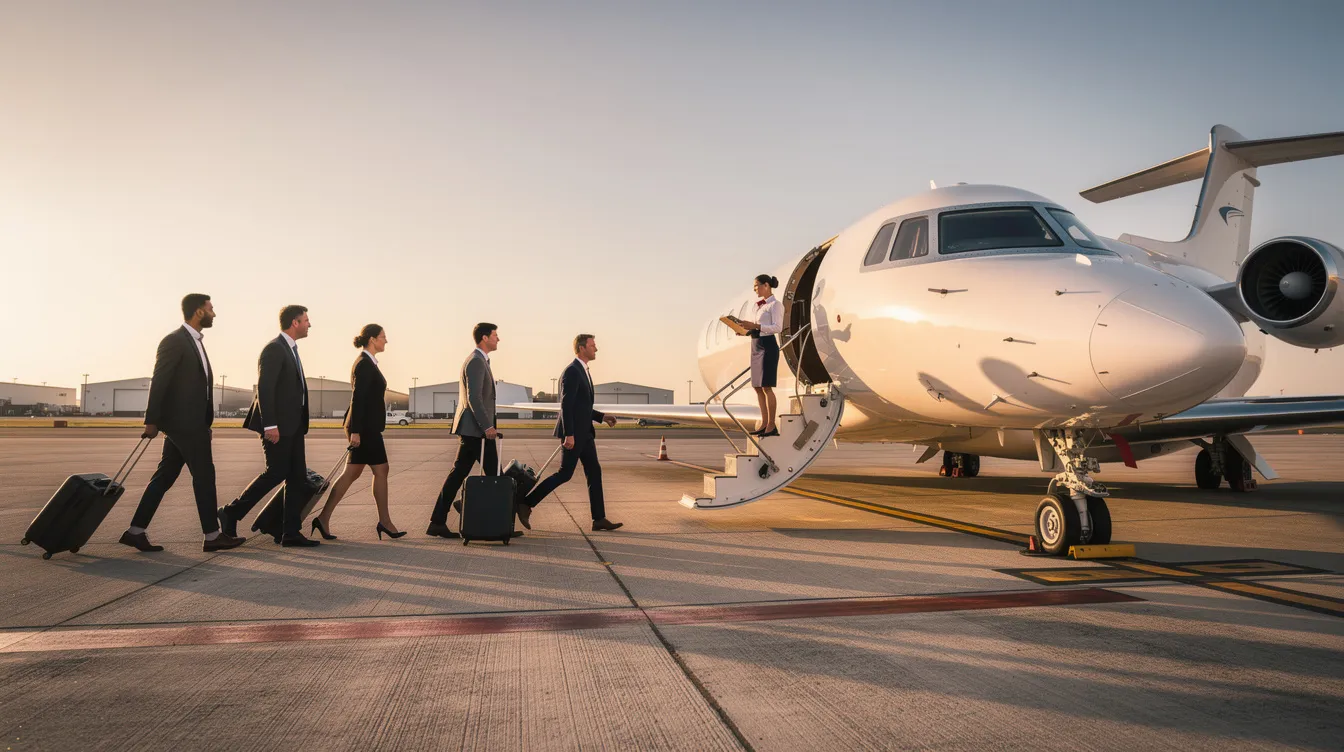 A group of business travelers is boarding a Gulfstream G650 private jet on a quiet ramp, ready for their flight to global destinations. The aircraft, known for its ultra long range capability and cabin comfort, features advanced systems like a predictive landing performance system and enhanced vision system, ensuring a smooth journey.