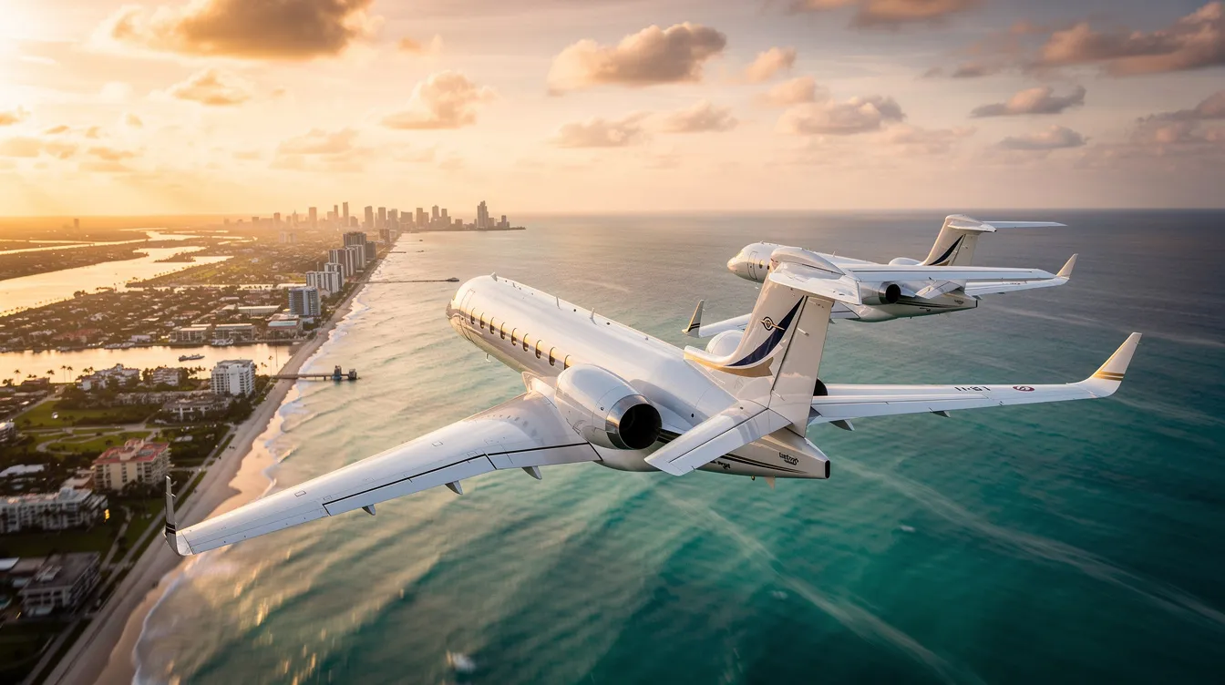 The image depicts private planes flying towards Fort Lauderdale, showcasing various aircraft options available for private jet charter flights. These luxurious jets are ideal for leisure travelers and business trips, providing convenient access to the Fort Lauderdale Executive Airport and popular routes in South Florida.