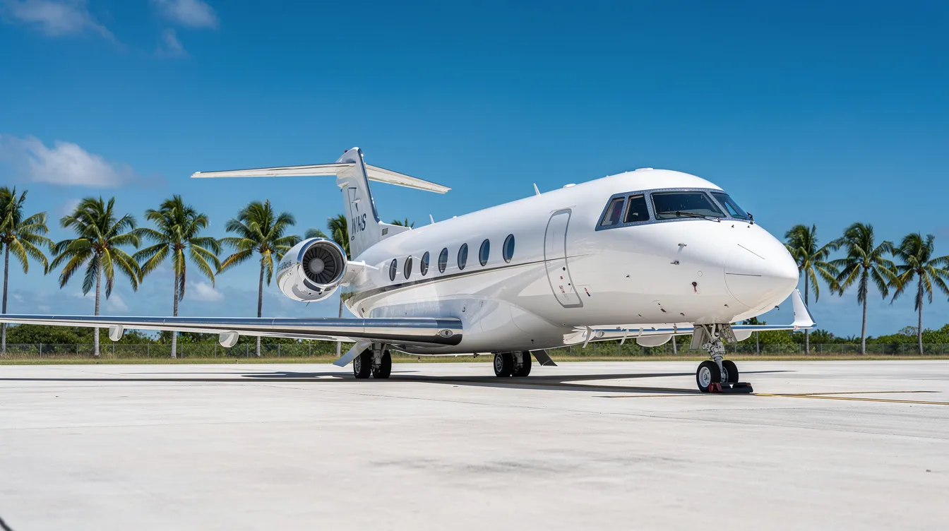 A private jet is parked on a sunny airport ramp surrounded by palm trees, showcasing the luxury and convenience of private aviation in Fort Lauderdale. This scene reflects the appeal of private charter flights for leisure travelers seeking efficient and comfortable travel options.