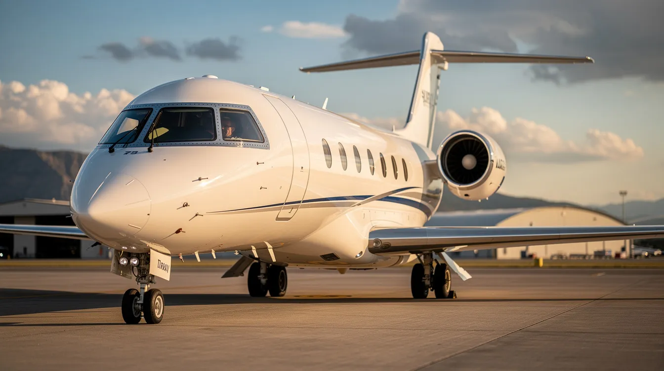 The image depicts a sleek private jet parked on the tarmac at Fort Lauderdale Executive Airport, ready for passengers to board. This luxurious aircraft is designed for private charter flights, accommodating up to eight travelers, and offers a convenient and efficient way to fly private to popular destinations.