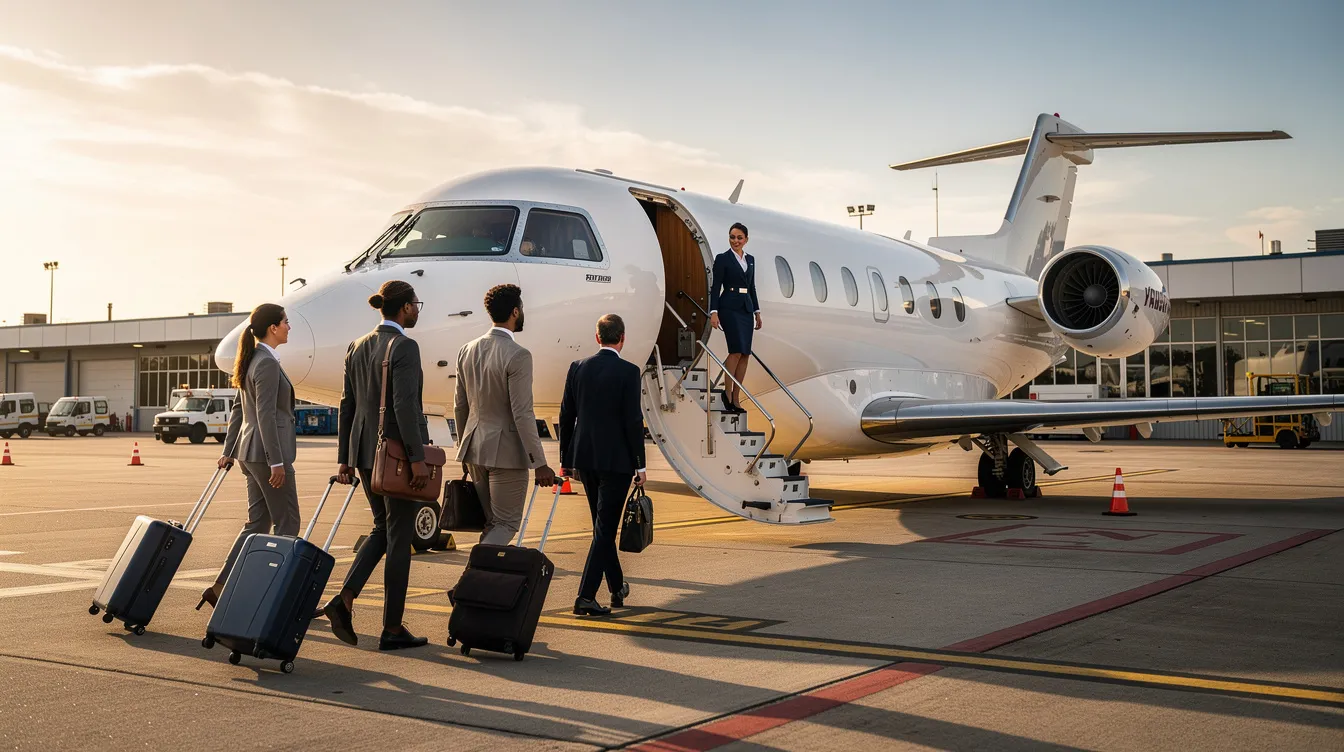 Business travelers are seen boarding a midsize jet, specifically a Gulfstream model, from a small airport ramp, with the aircraft's engines humming softly in preparation for flight. The scene captures the essence of private jet travel, highlighting the advanced technology and impressive range that these aircraft offer for efficient journeys.