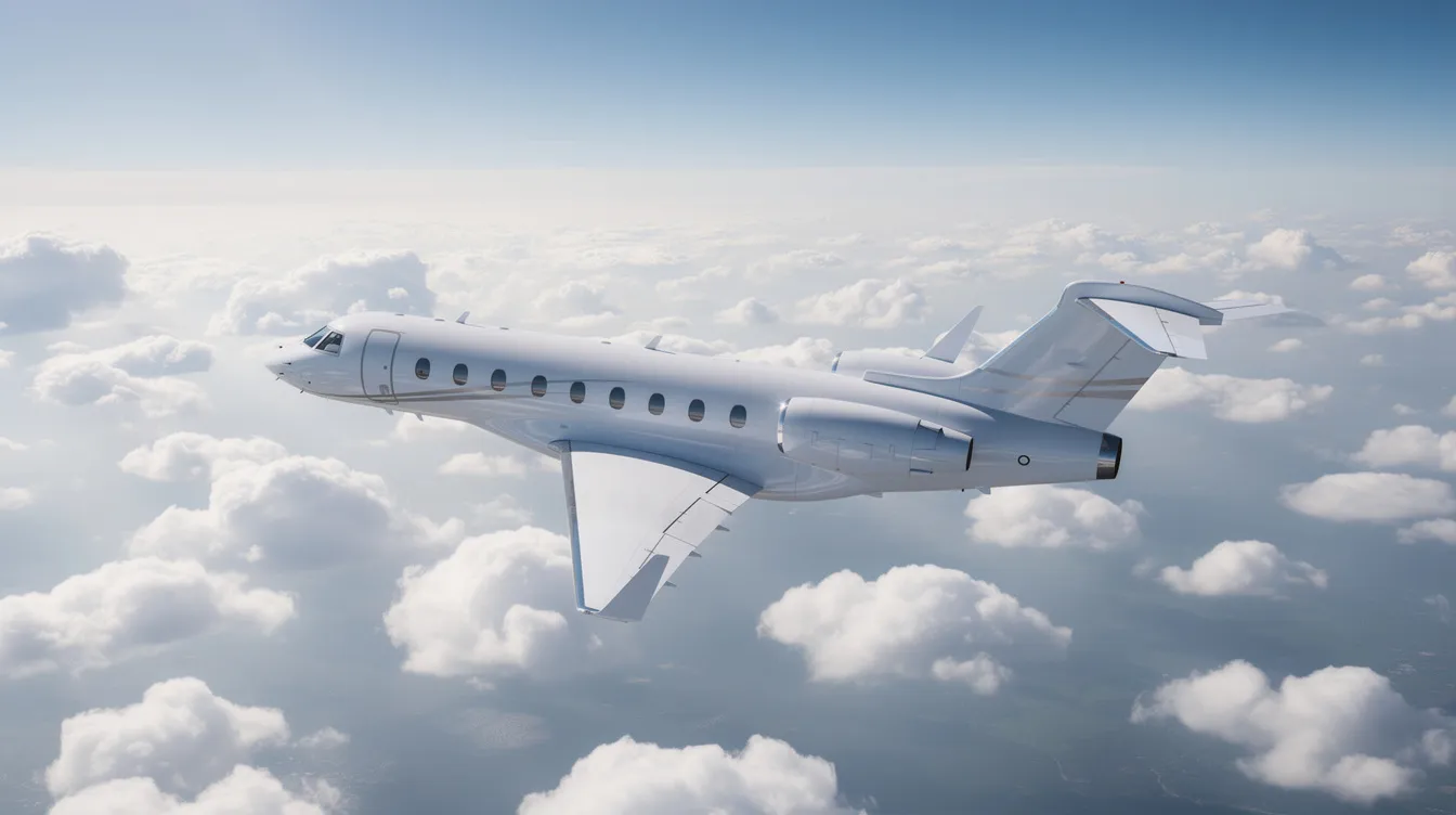 A private jet, likely a Gulfstream model, soars above scattered clouds in clear daylight, showcasing its sleek design and advanced technology. The aircraft, known for its impressive range and fuel efficiency, is a symbol of luxury travel, perfect for those seeking comfort and speed in the skies.