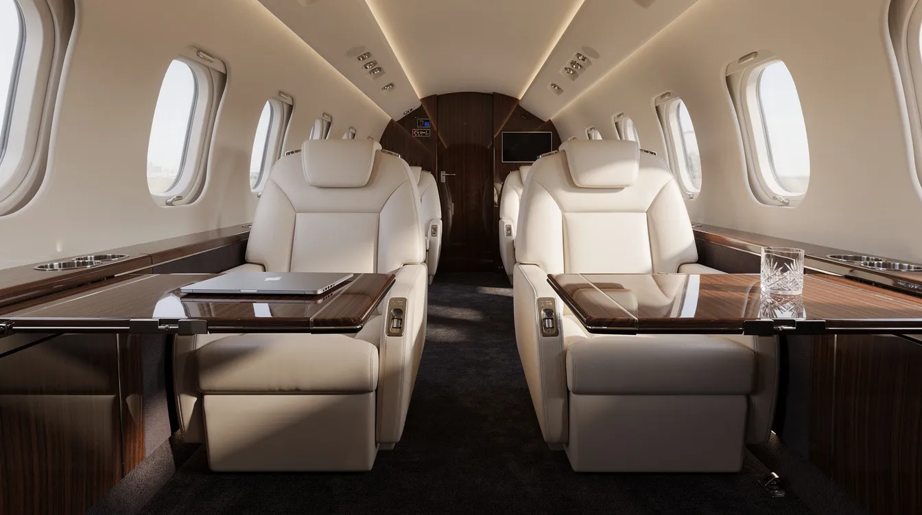 The image depicts the luxurious interior of a private jet cabin, featuring facing leather seats and fold-out tables, designed for comfort and convenience. This upgraded Cessna Citation Encore provides an elegant space for up to eight passengers, showcasing sophisticated interior fittings and ample cabin comfort.