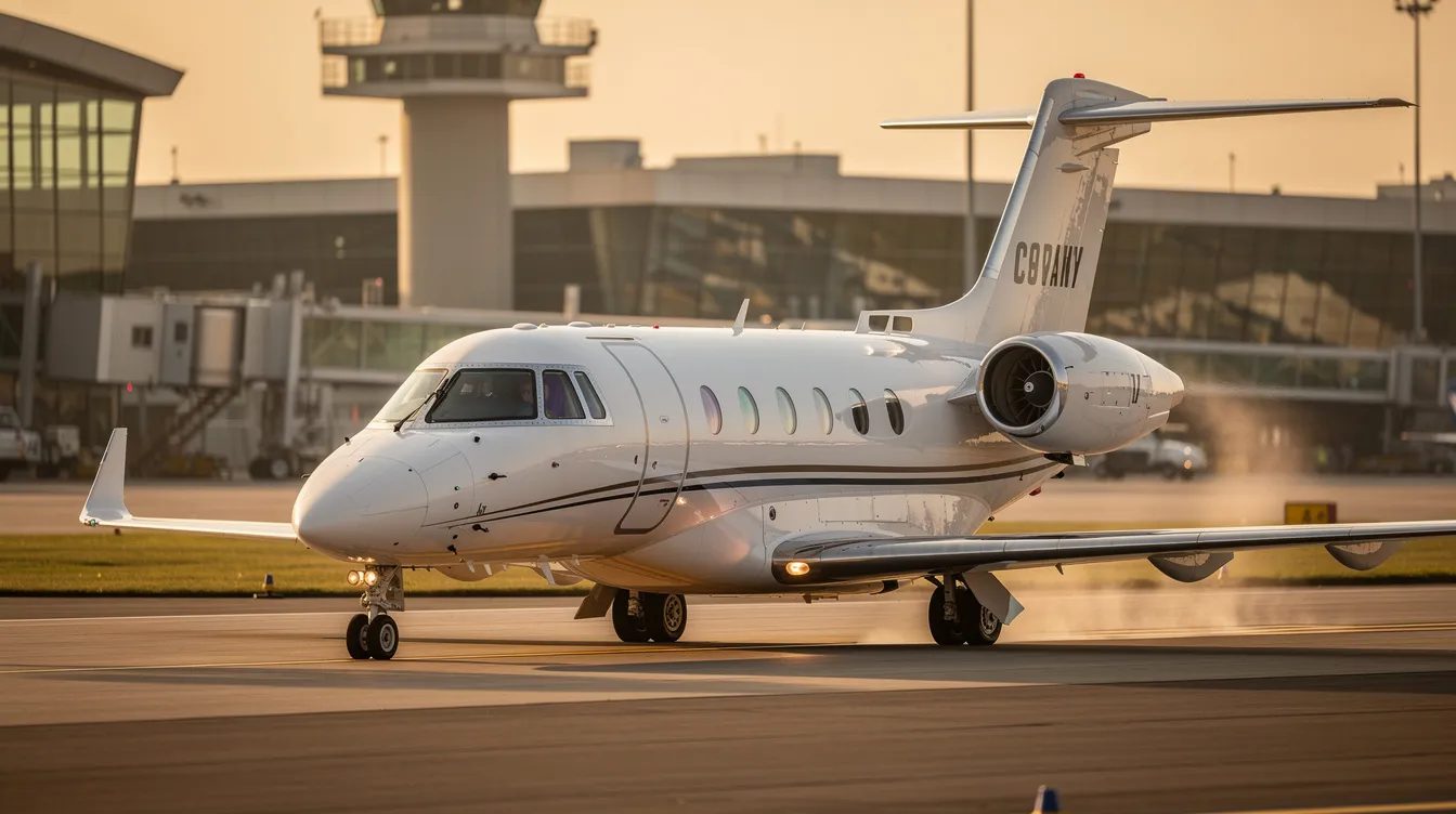 The image features a Cessna Citation Encore (Model 560), a small business jet known for its sleek design and upgraded features. It offers comfortable seating for up to eight passengers and is equipped with advanced Pro Line 21 avionics, making it an efficient choice for long-range travel.