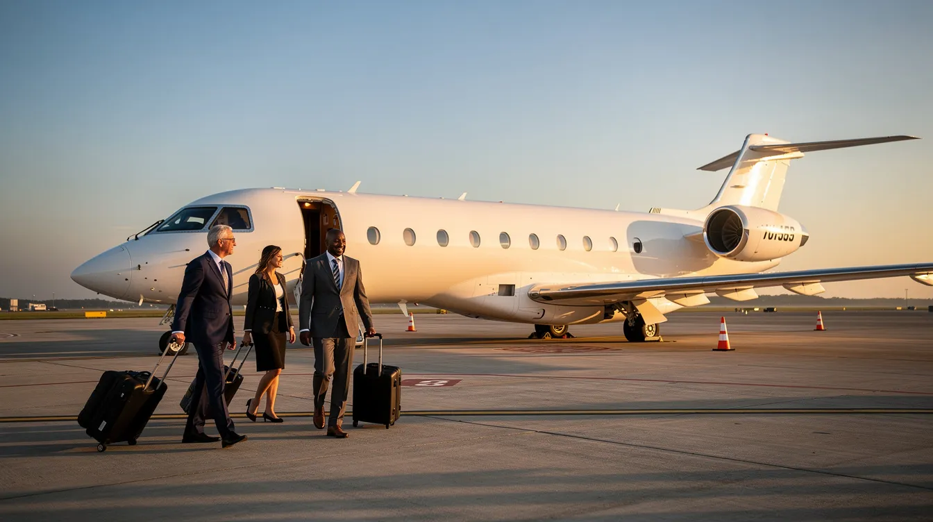 A group of business travelers walks towards a sleek private aircraft on a quiet ramp, highlighting the elegance of business aviation. The scene captures the essence of efficiency and comfort associated with flying in a business jet.