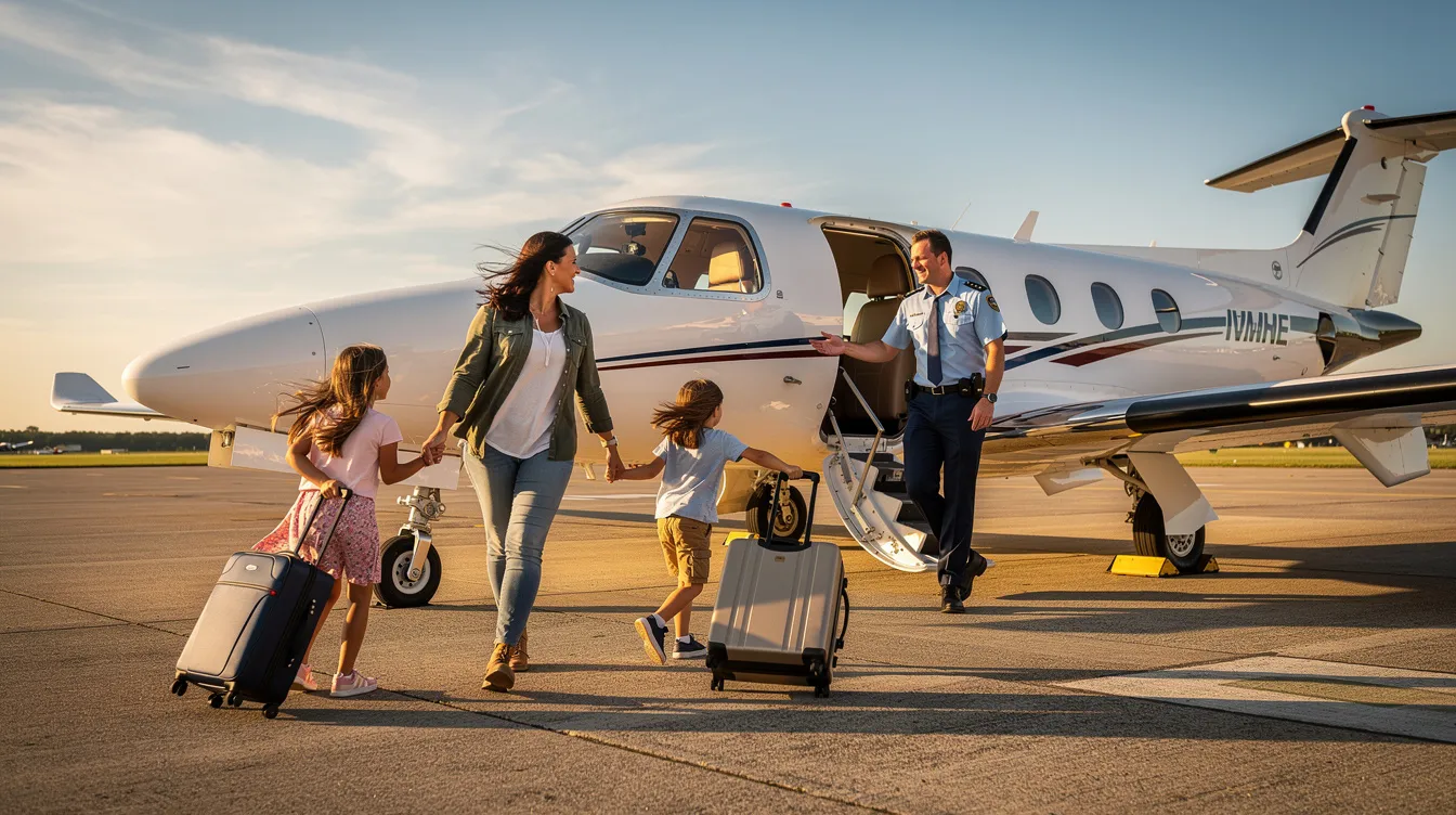A family is boarding a small private aircraft, preparing for their journey in the comfort of private aviation. The scene captures the excitement of travelers as they embark on their trip, showcasing the convenience of air charter services.