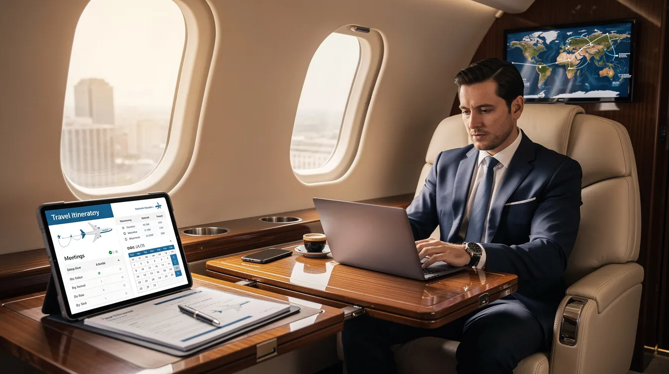 An executive is seated in a luxurious private jet cabin, reviewing travel plans and flight details on a tablet, emphasizing the convenience of private aviation for business travelers. The setting reflects a focus on efficiency and comfort, showcasing the benefits of charter flights and air charter services.