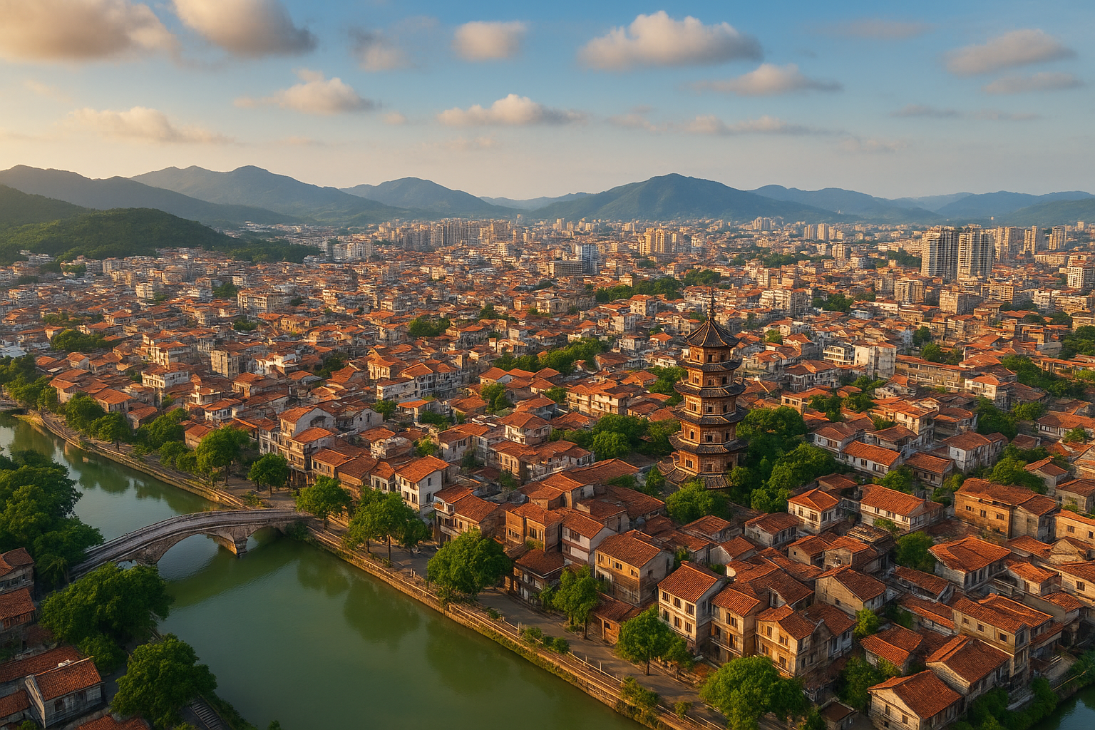 Scenic aerial view over Zhangzhou