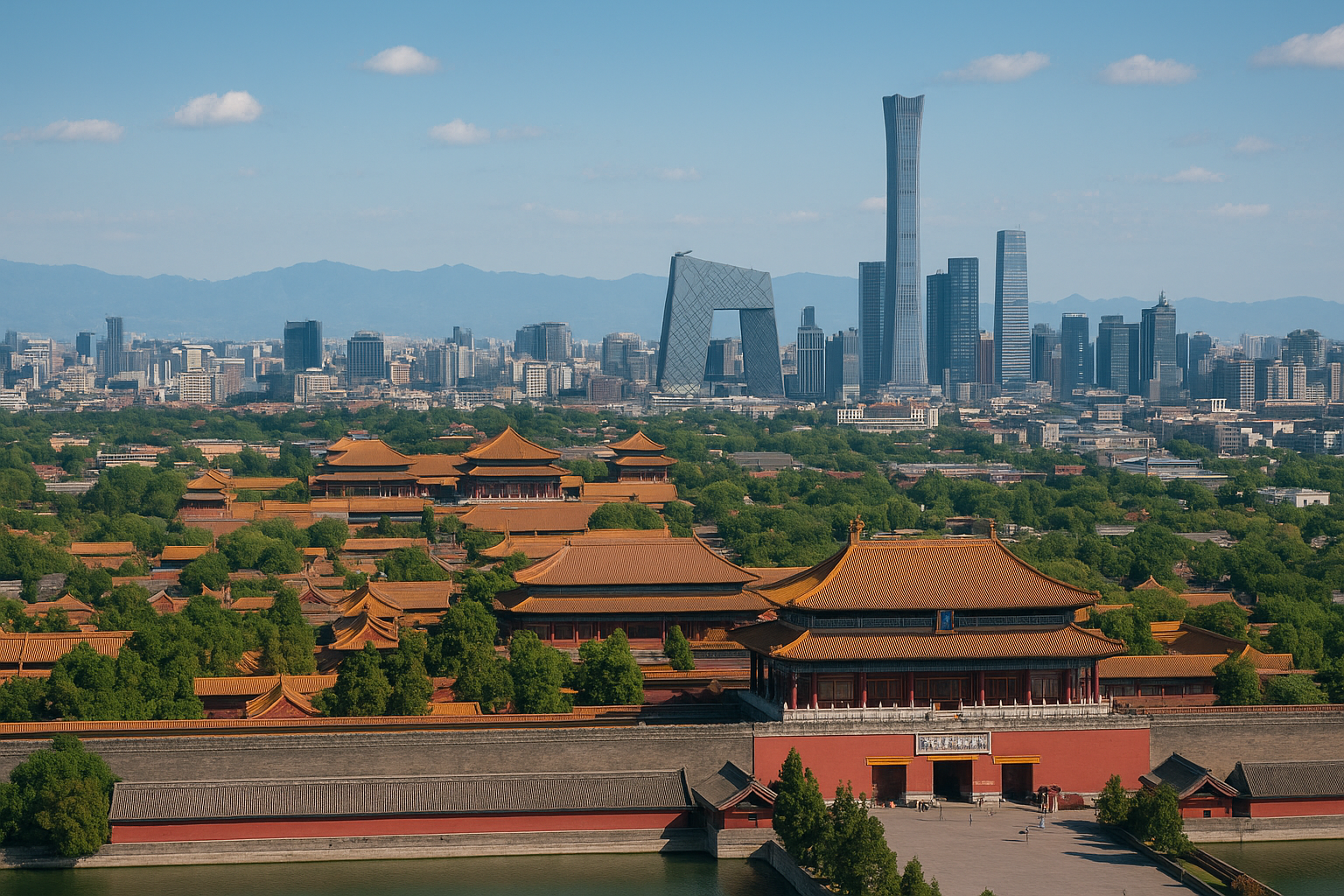 Private jet over Beijing skyline