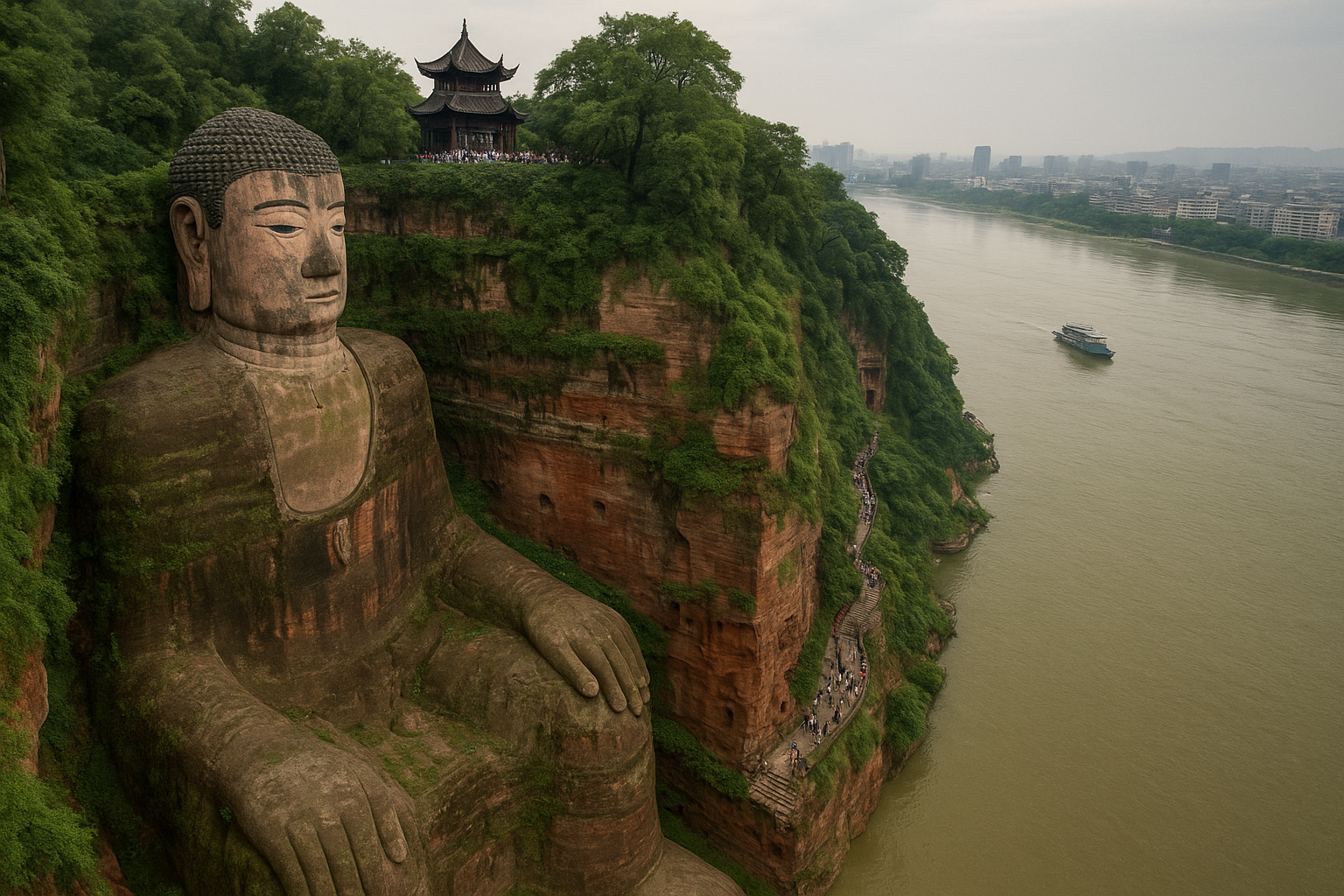Aerial view of Leshan Giant Buddha