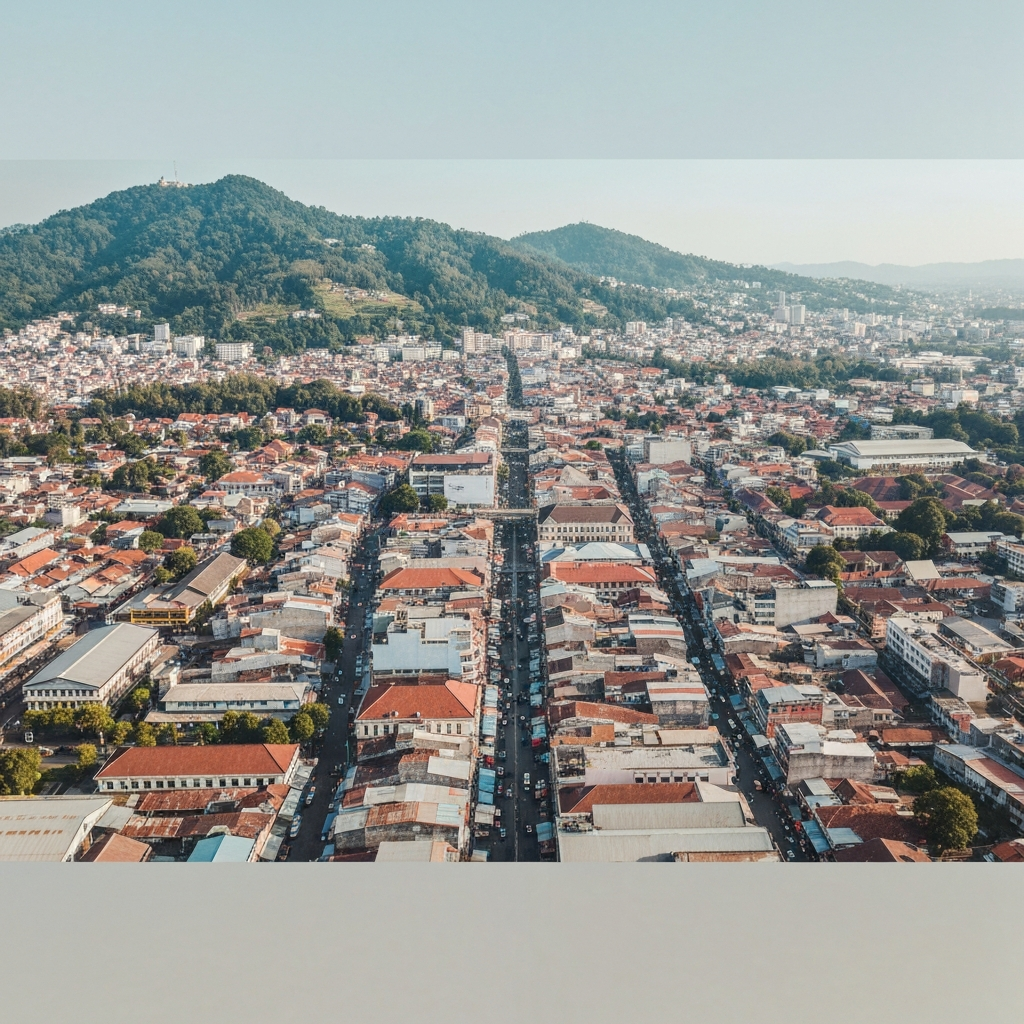 Private jet on runway with Palembang and Bandung cityscapes