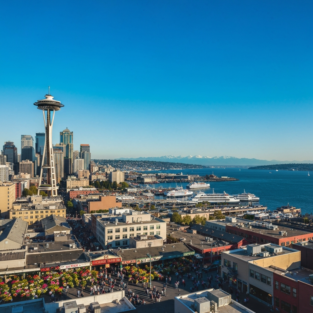 Seattle skyline viewed from a private jet