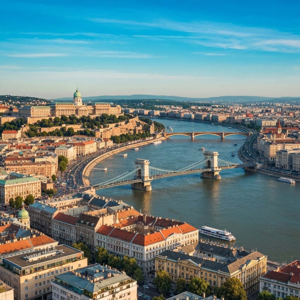Budapest cityscape arrival by private jet
