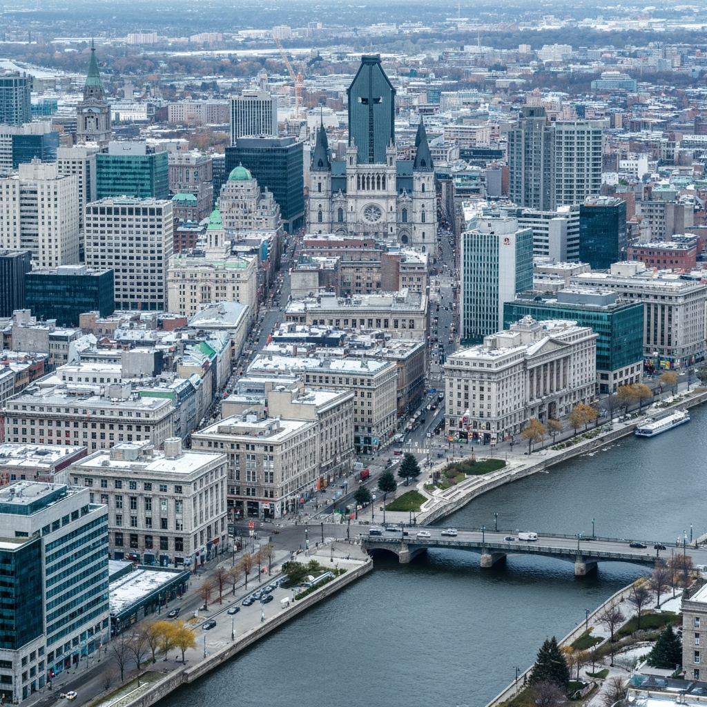 Private jet flying above Quebec City and Montreal skyline