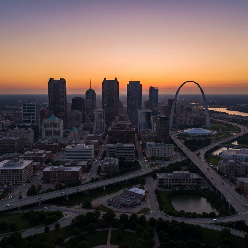 Gateway Arch in St. Louis with private jet in foreground