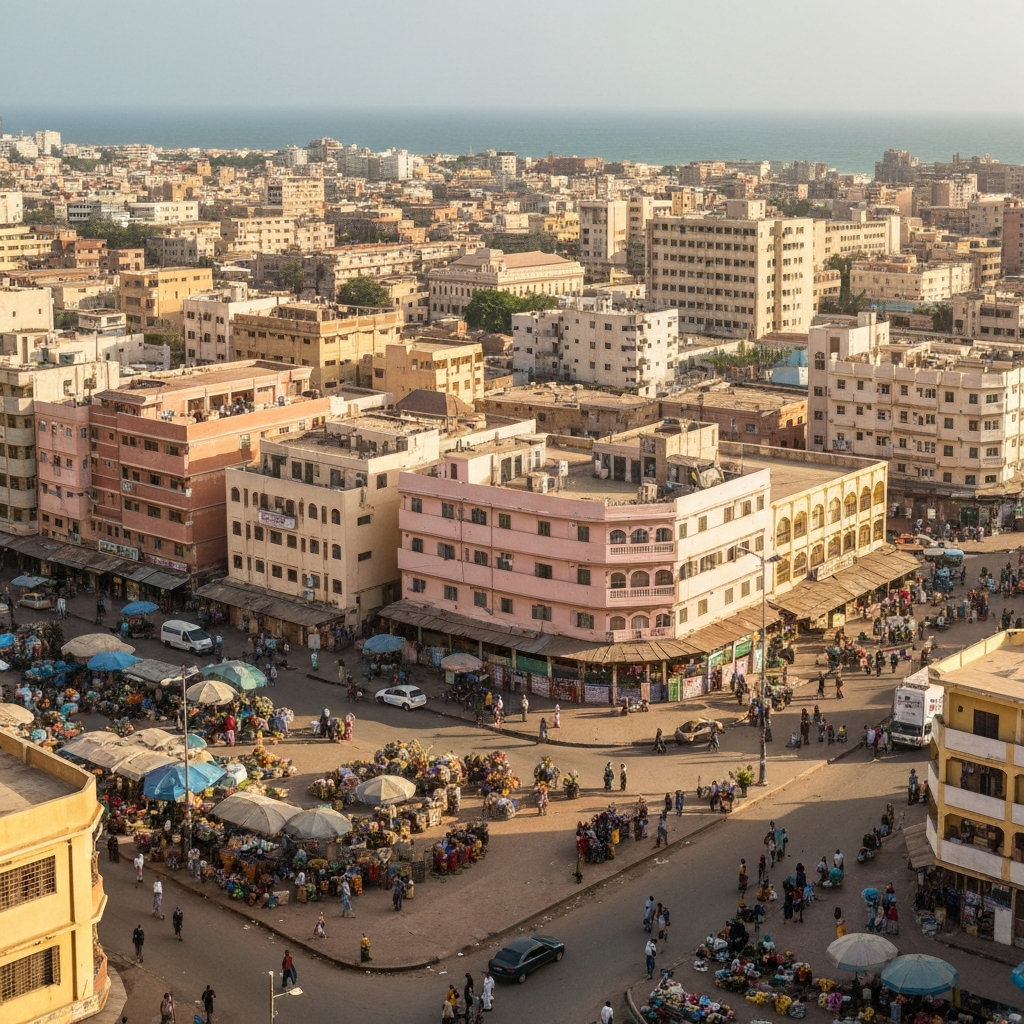 Aerial view of a private jet departing Dakar