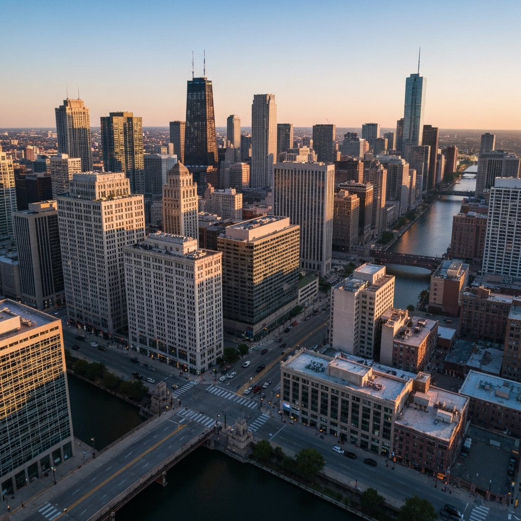 Private jet over Chicago
