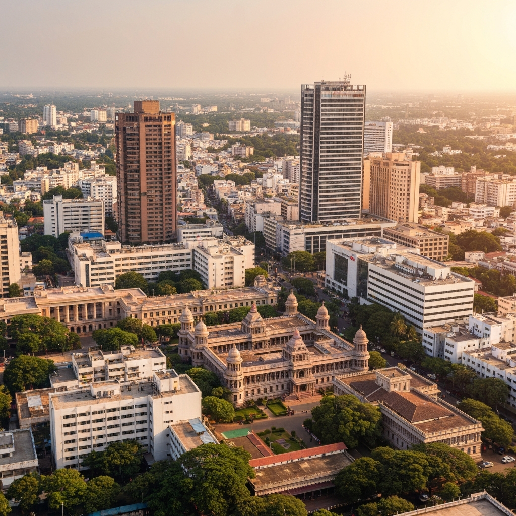 Aerial view of Chennai city and Marina Beach