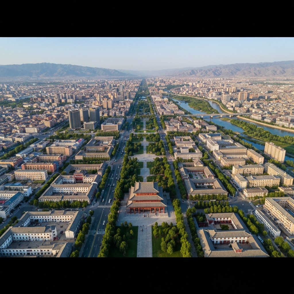 Aerial view approaching Zhangye Danxia