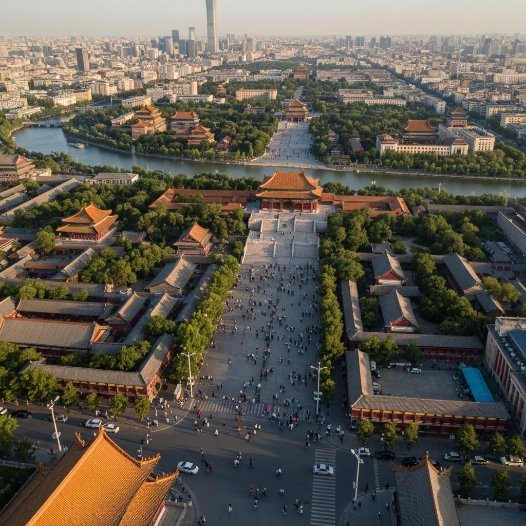 Private jet over Beijing skyline