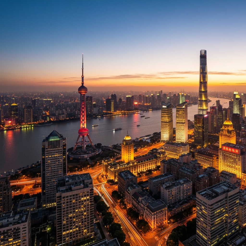 Shanghai skyline from jet