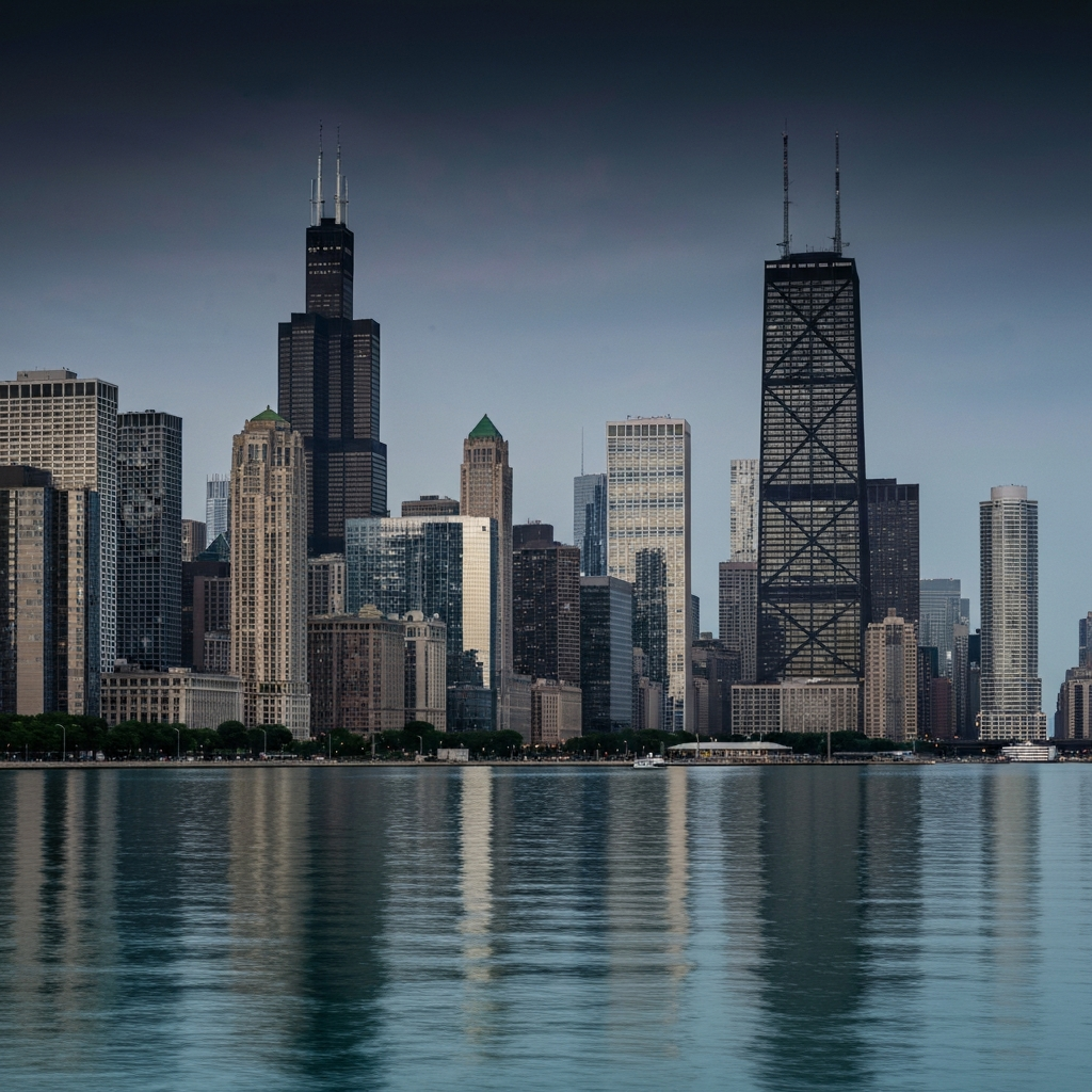 Skyline of Chicago from private jet