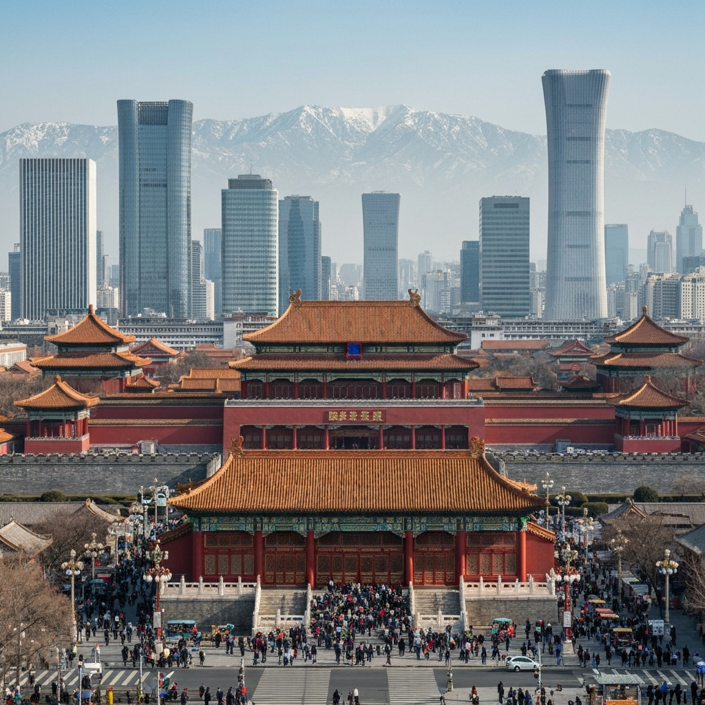 Aerial view of Beijing with Great Wall in distance