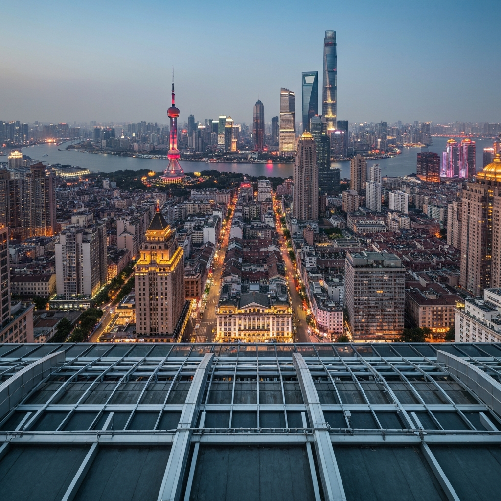 Shanghai city skyline with private aircraft