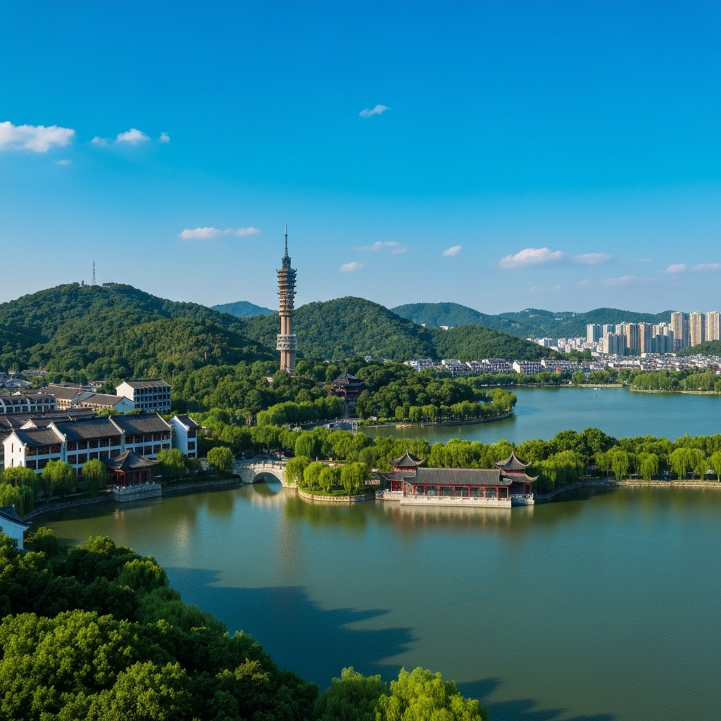 Wuxi city skyline and lake