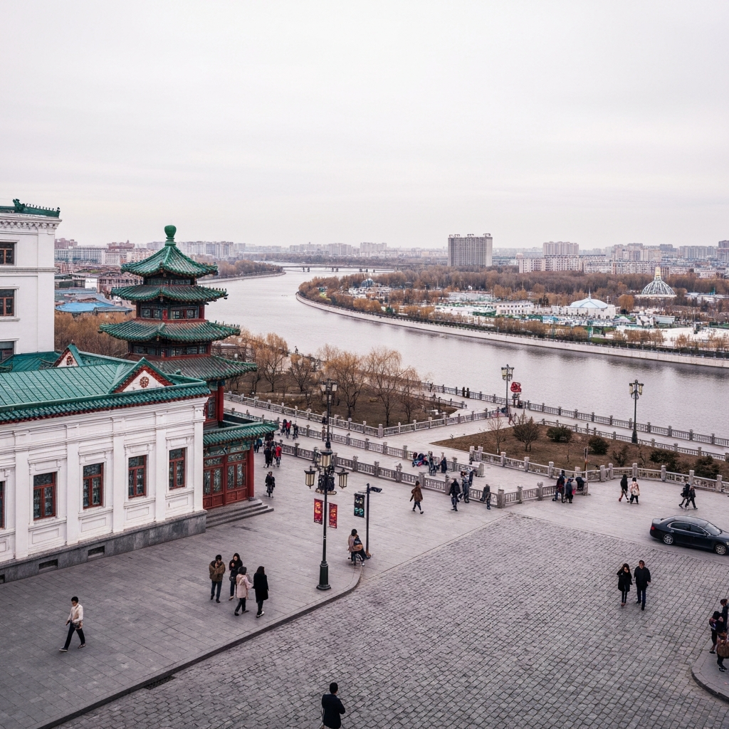 Harbin cityscape jet arrival
