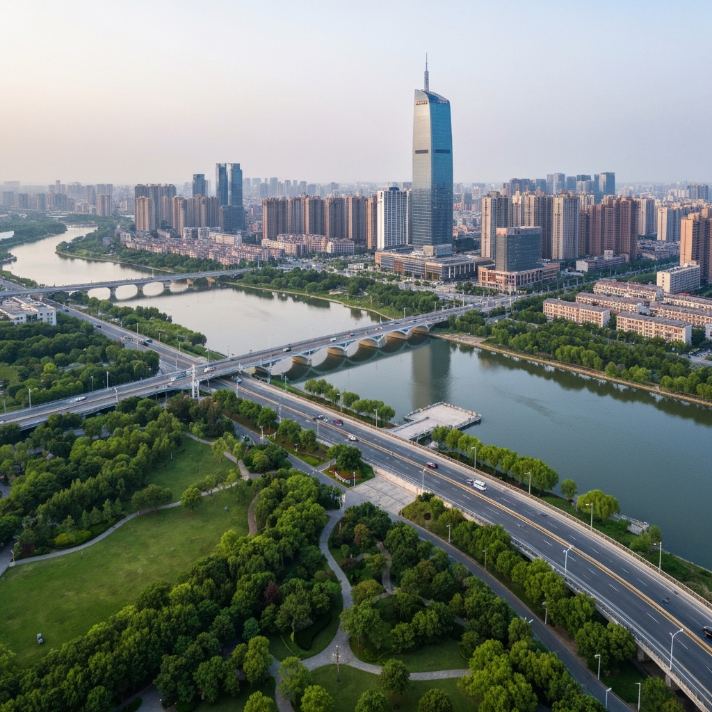 Aerial view of Nantong departing for Zhenjiang