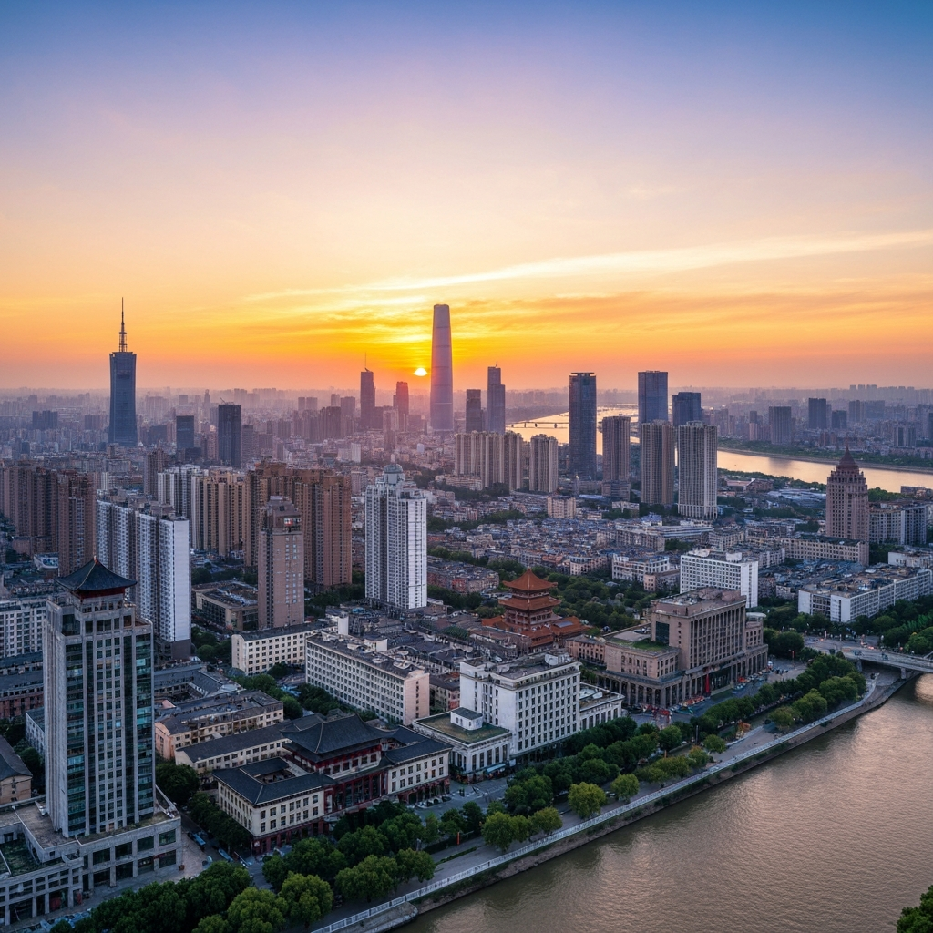 Wuhan skyline, arrival by private jet