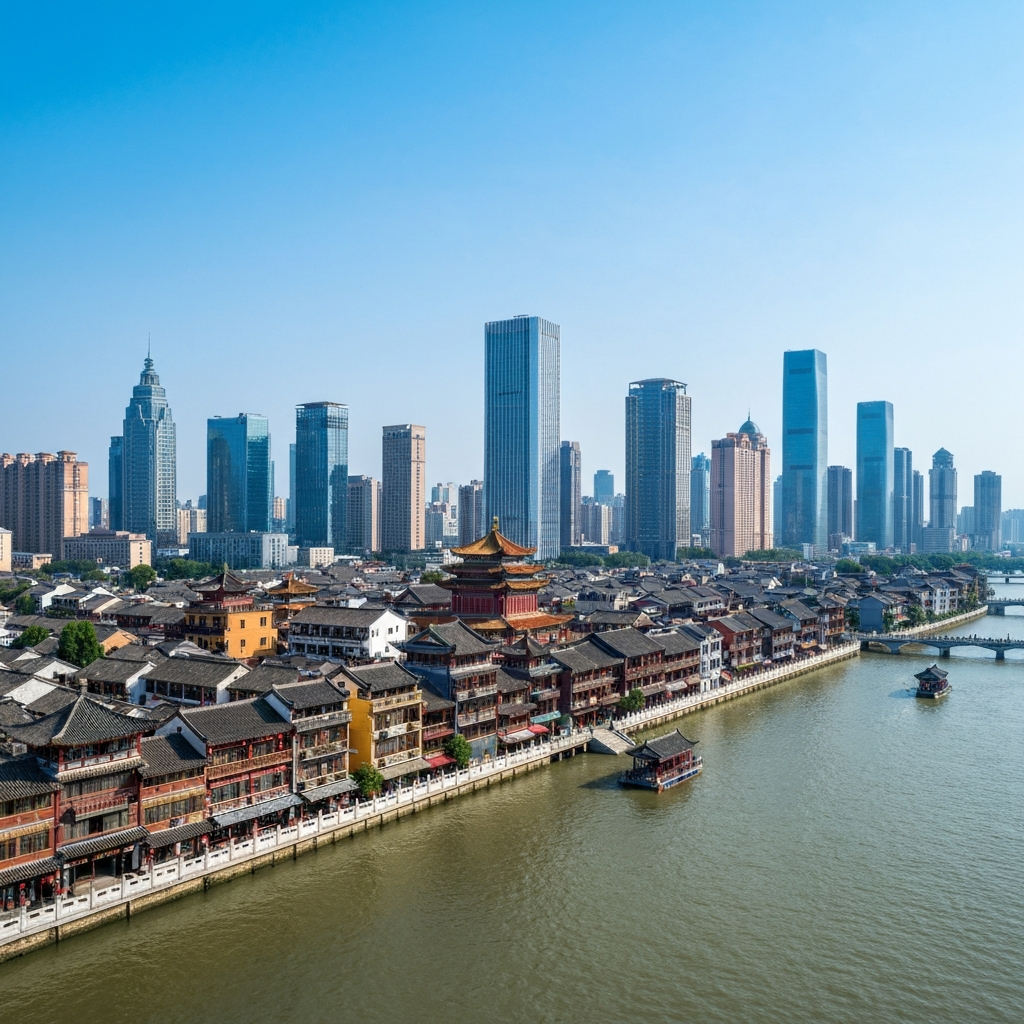 Private jet over Nantong skyline