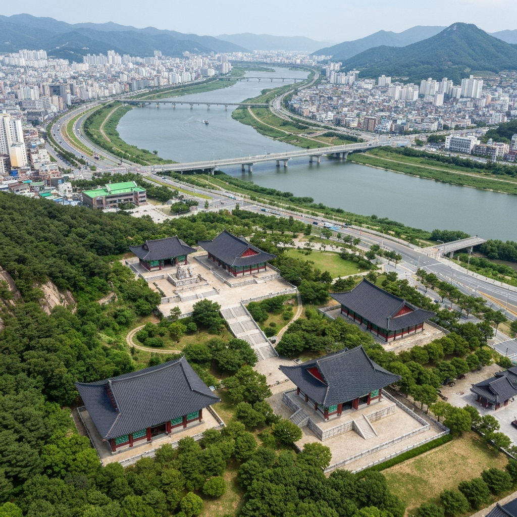 Aerial view of private jet over Seoul skyline