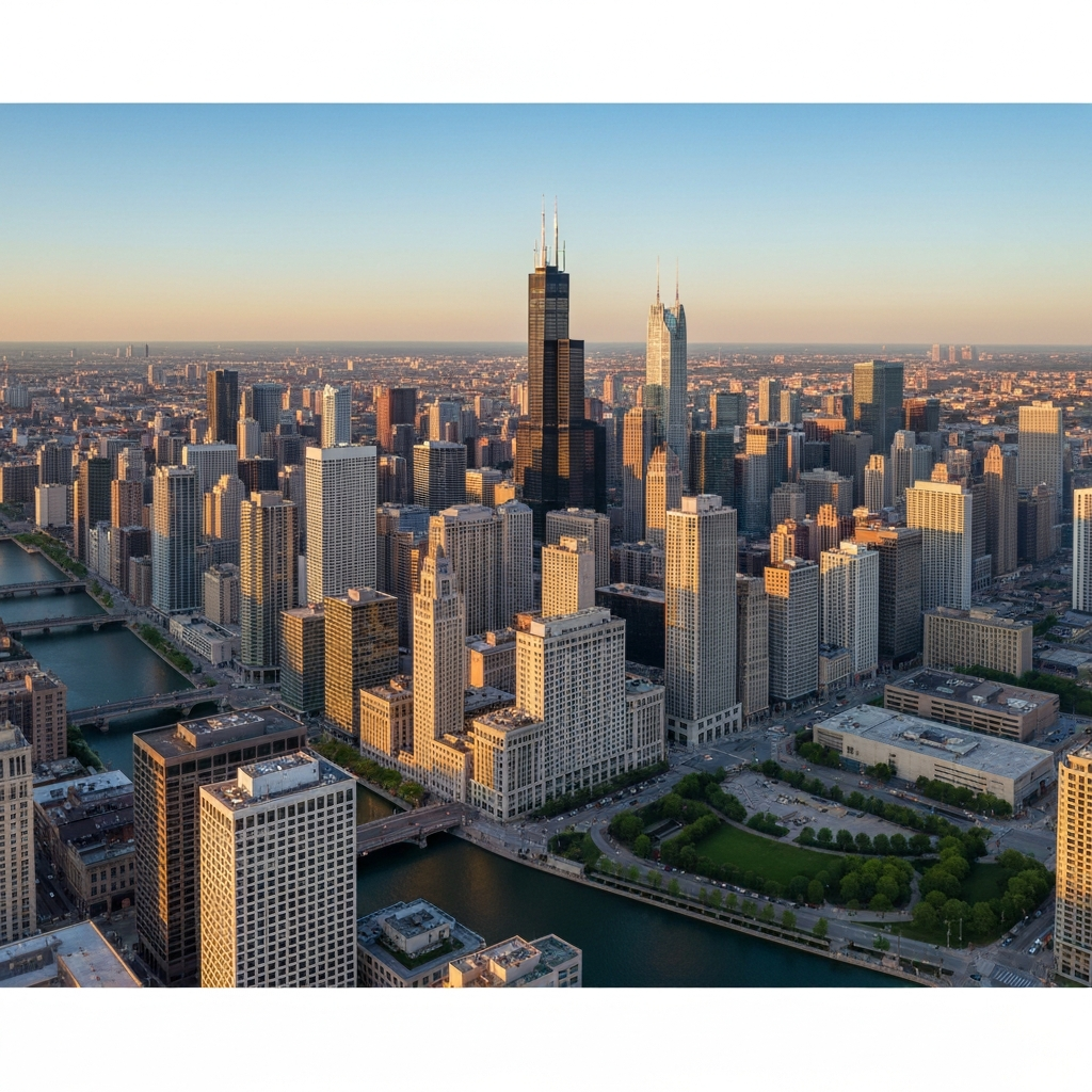 Private jet over Chicago skyline