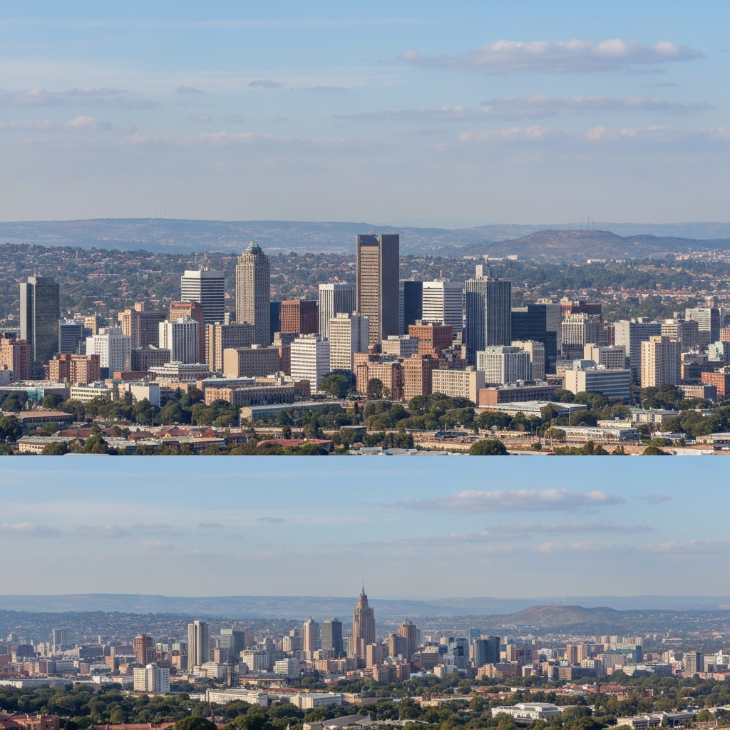 Jet taking off with Johannesburg skyline in background