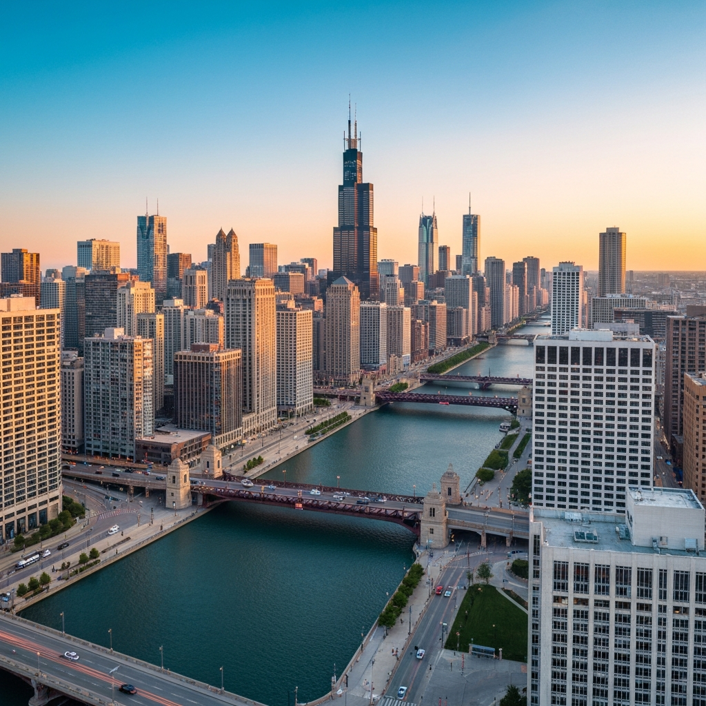 Chicago skyline with private jet