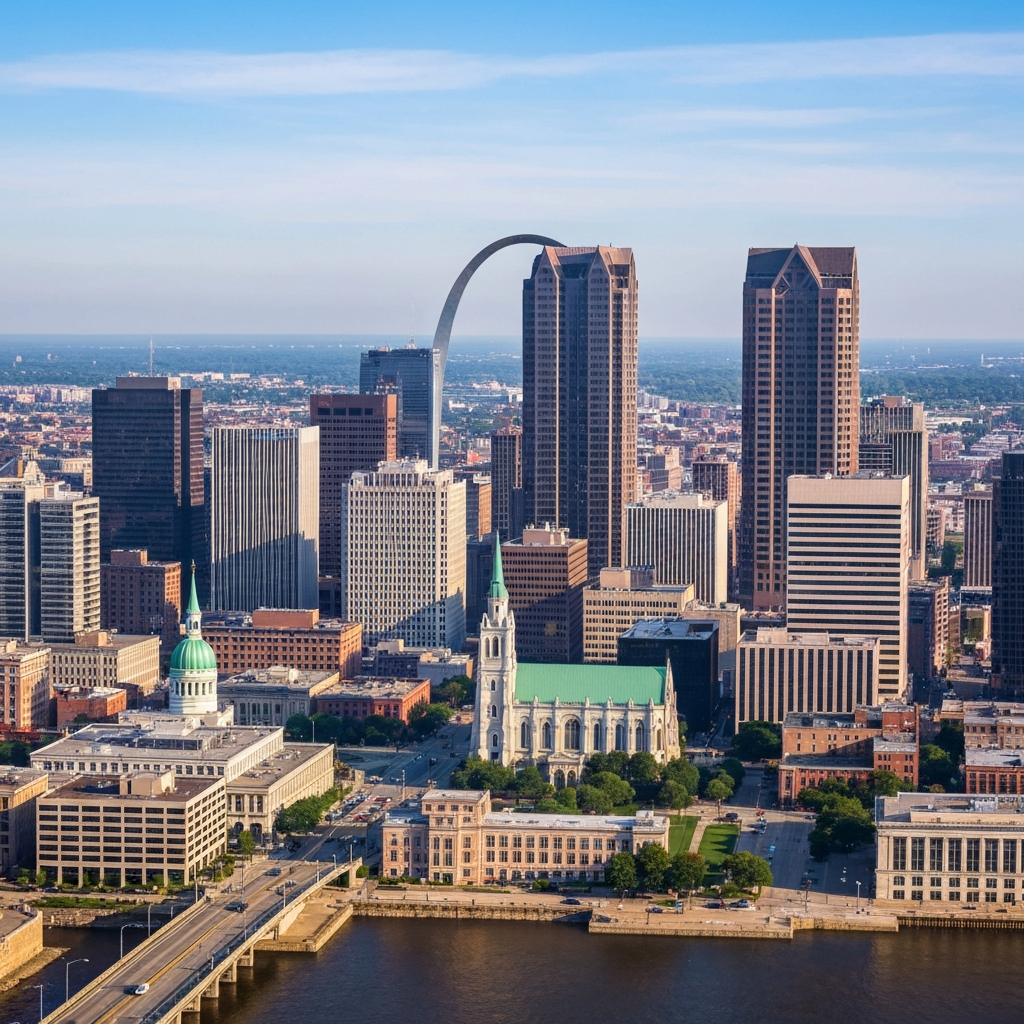 Aerial view of St. Louis and the Gateway Arch
