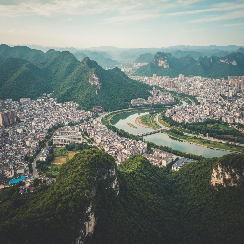 Aerial view of Guyuan and the Liupan Mountains