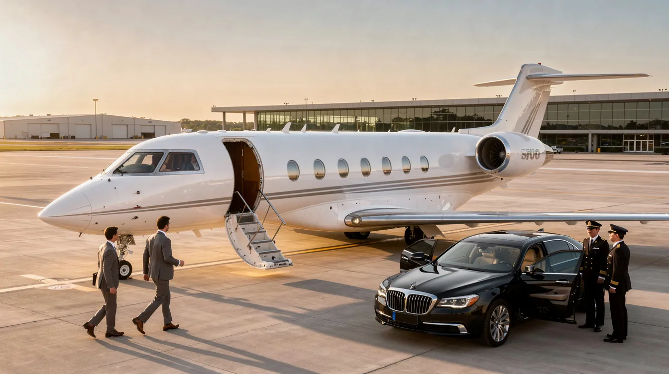 The image showcases a sleek private jet parked at the Naples Jet Center, located at Naples Municipal Airport in Southwest Florida, highlighting the luxury and convenience of private air travel. The scene emphasizes the commitment to safety and comfort, with a dedicated team ready to provide exceptional aviation services for charter flights and aircraft maintenance.