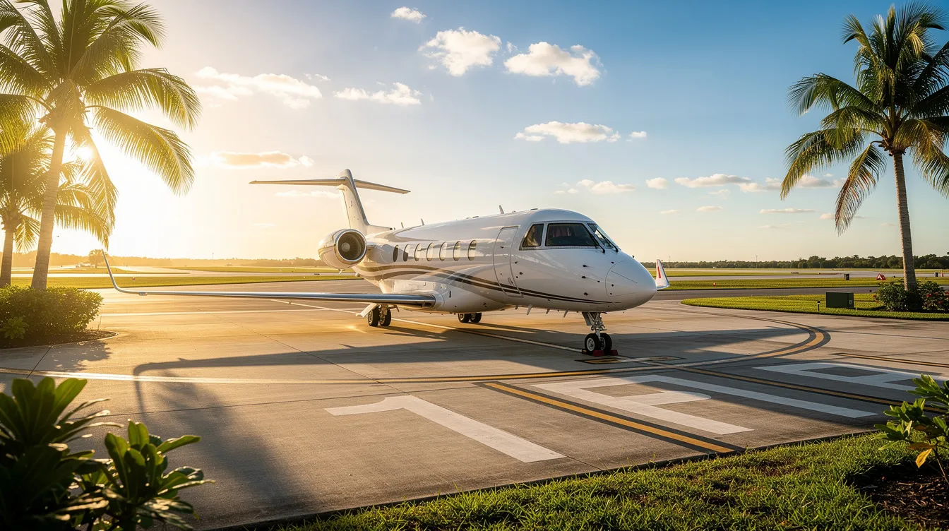 A private jet is parked on the ramp at Naples Municipal Airport, surrounded by lush palm trees under a bright Florida sun, showcasing the luxurious aspect of private air travel in Southwest Florida. The scene reflects the amenities and services offered at the Naples Jet Center, catering to elite jets and charter flights.